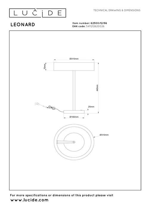 Lucide LEONARD - Tischlampe - Ø 31 cm - LED Dim. - CCT - 1x12W 2200K/3000K - Kaffee - Vibes - technisch